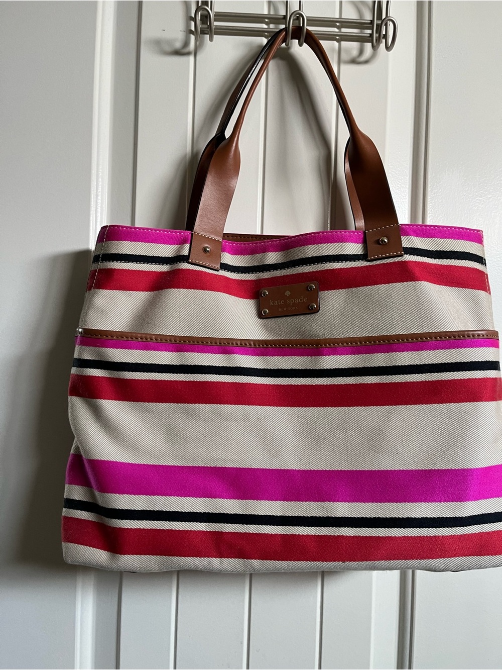 kate spade Striped Canvas Tote in Pink, Red and Cream with Brown Handles